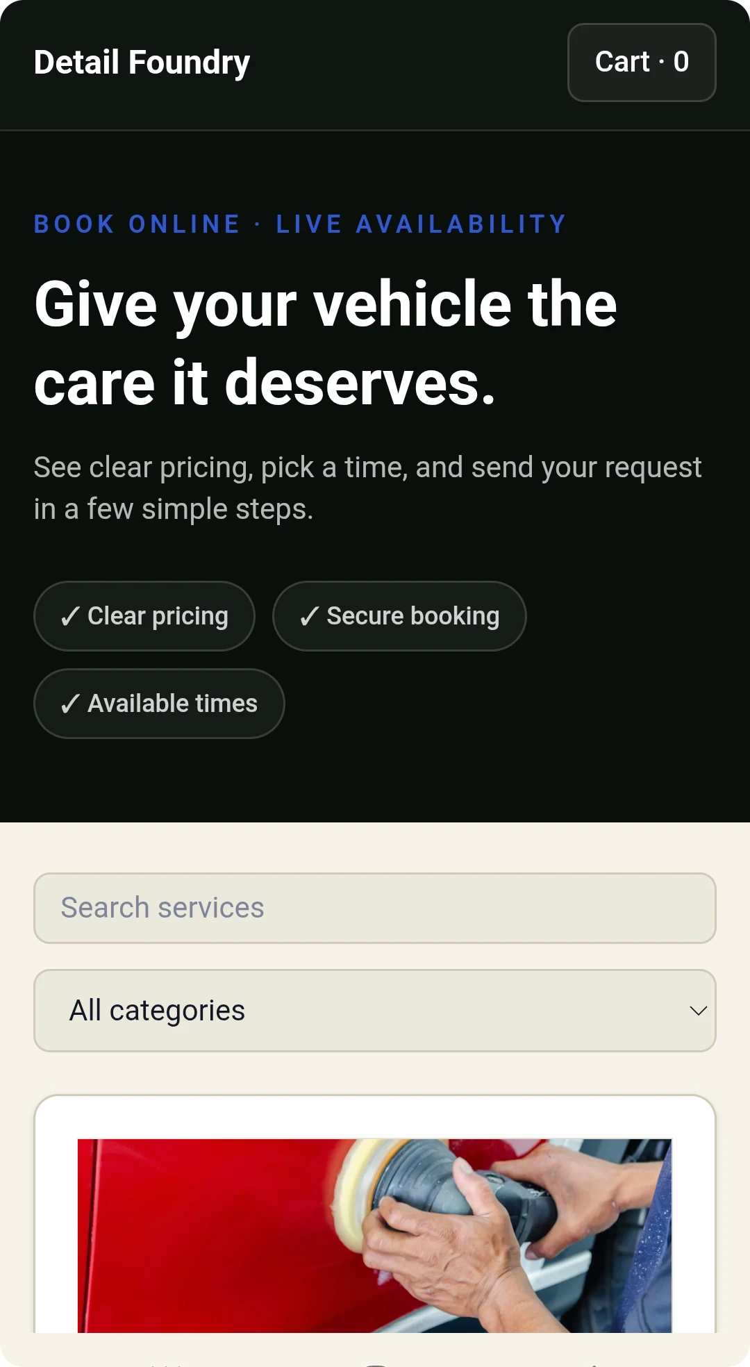 The customer-facing booking page showing services with pricing