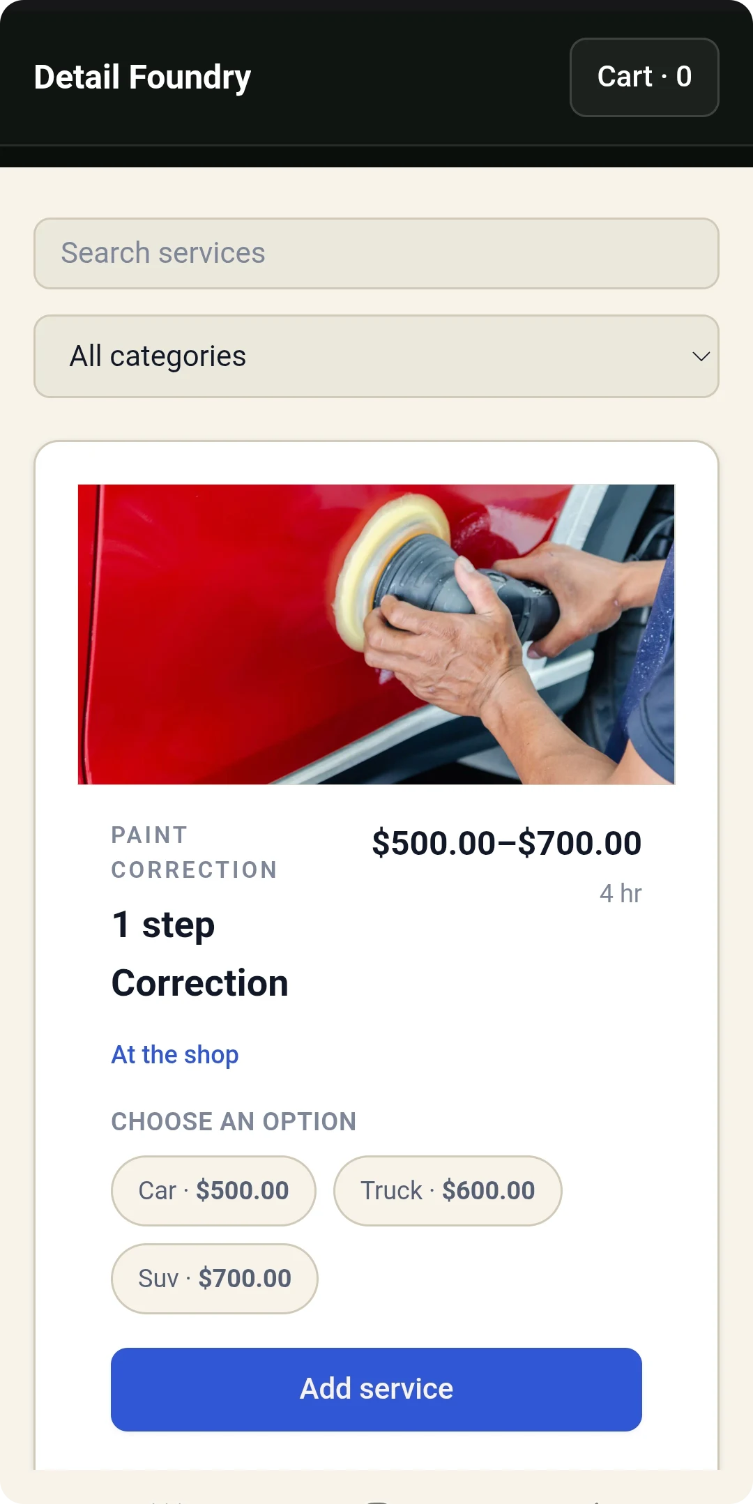 Service pricing options for car, truck and SUV