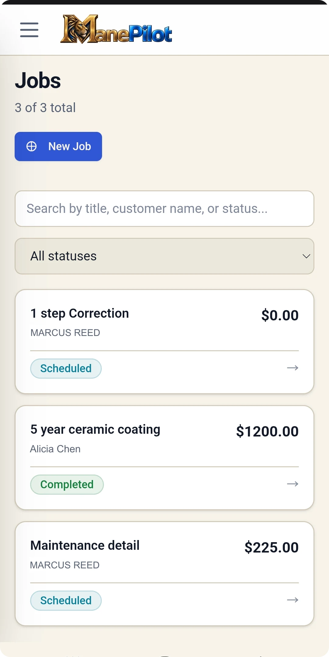 The job list with statuses, customers and totals